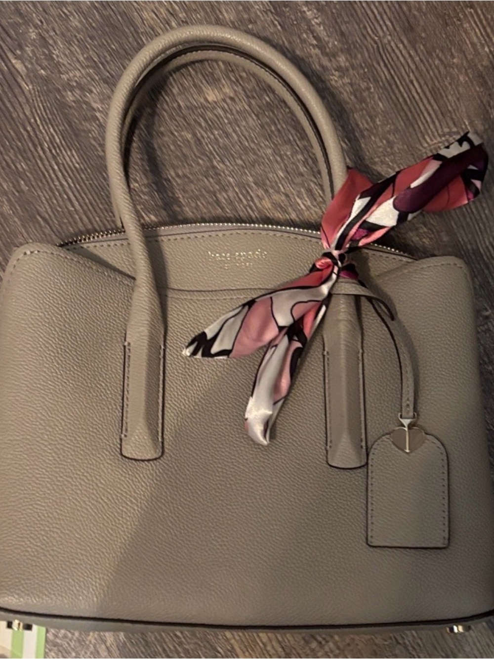Kate Spade Taupe Leather Satchel with Pink Scarf Accent **small flaw-see pic**